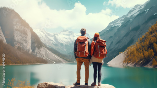 Rear view of couple standing near lake against mountain photo