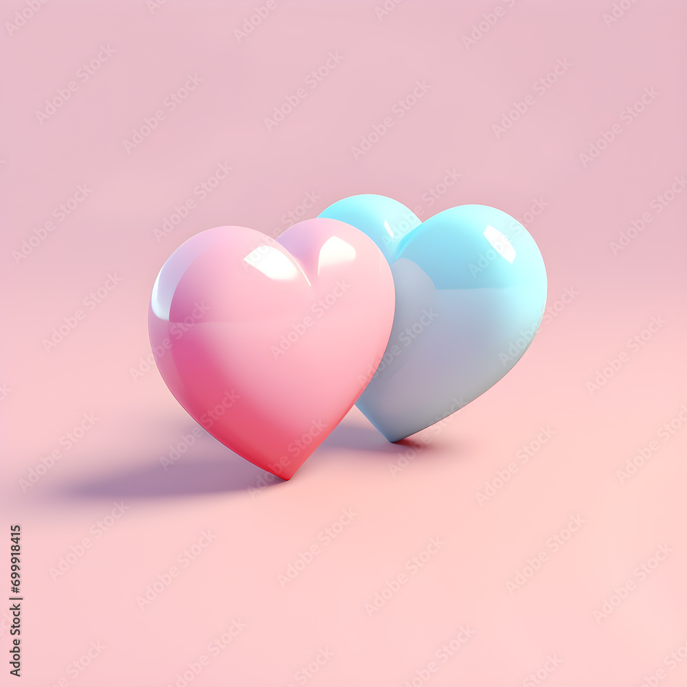Valentine's Day concept Two hearts on a light pink background