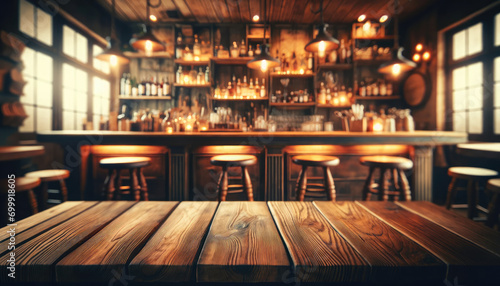 Empty wooden table with blur rustic bar restaurant cafe backgrou photo