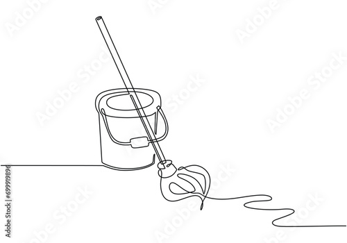 mop and bucket continuous line art drawing. Cleaning service concept.