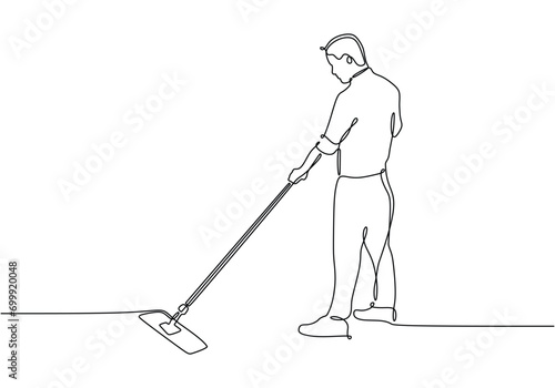 Continuous line drawing janitor mopping floor. Cleaning service concept