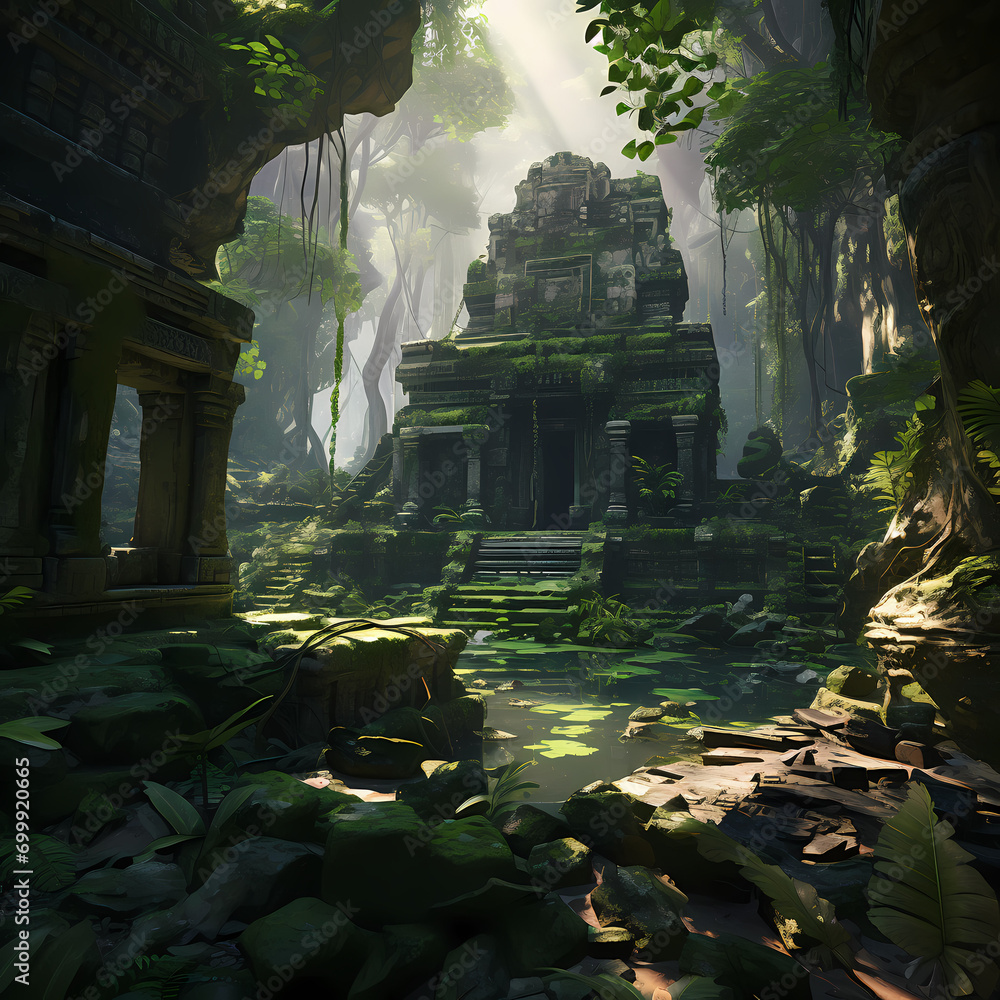 Ancient ruins in a lush jungle setting.