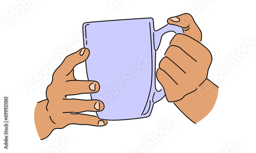 line art color of hands holding a cup of hot coffee