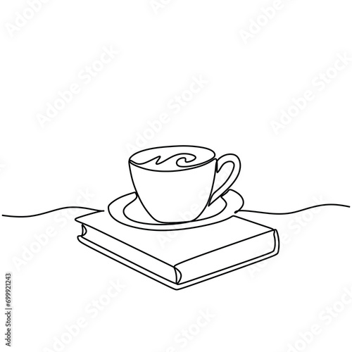 Book with coffee in continuous one line drawing. Reading and relaxing concept