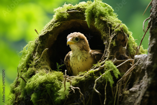 Photo of a parrot in its nest with a green foreground © wendi