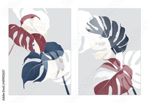 Foliage poster template design, blue and red Monstera Albo leaves