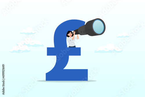 Businesswoman hiding behind large UK currency pound using binoculars to see future, UK, United Kingdom economy forecast, financial or business visionary, England investment profit opportunity (Vector)