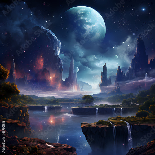 Cosmic night sky over a landscape with floating islands and waterfalls. © Cao