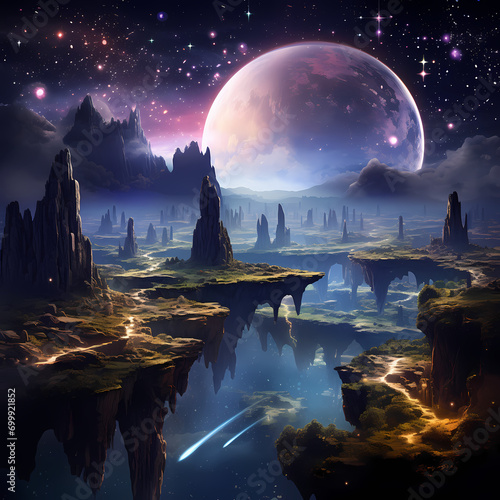 Cosmic night sky over a landscape with floating islands and waterfalls.