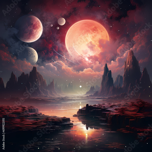 Dreamy celestial landscape with multiple moons.