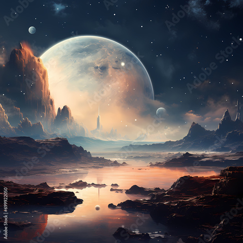 Dreamy celestial landscape with multiple moons.