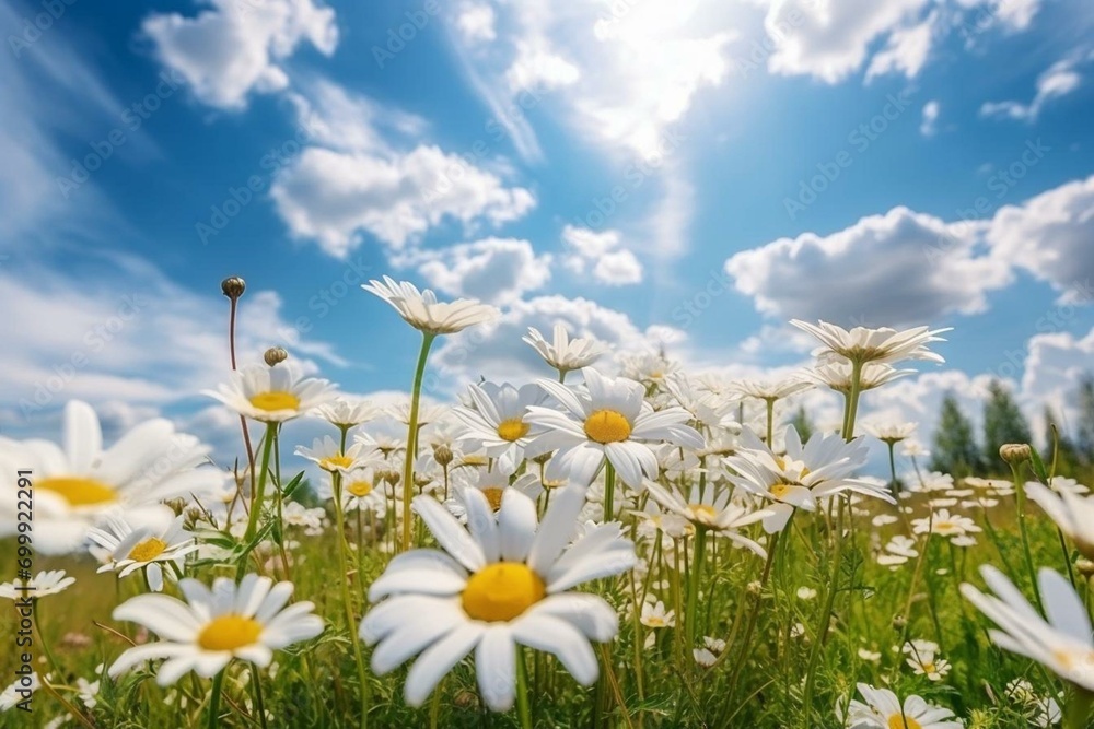 Creative Nature composition. Beautiful spring summer natural floral background with daisy flowers in front of bright blue sky with white clouds on nature. Generative AI