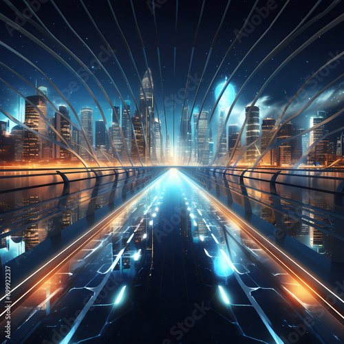 Futuristic bridge connecting skyscrapers with dynamic light patterns.