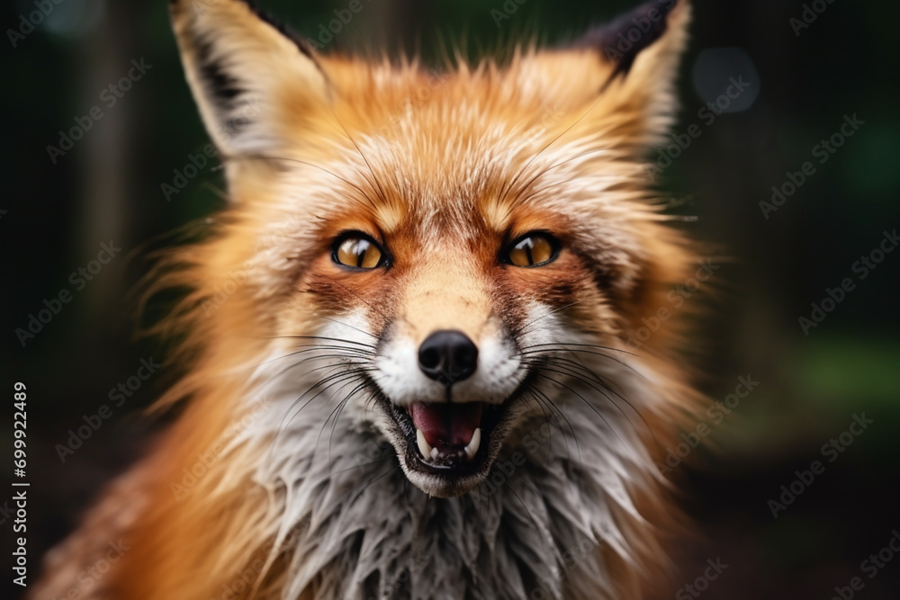 Close-up shot of a red fox looking happily at the camera.