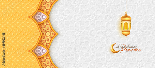 Arabic Islamic Golden Ornamental Background with Lantern Ramadan Mubarak decorative Islamic Pattern