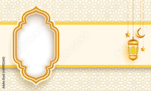Islamic celebration banner template with empty space for photo, copy space for text area, lantern and crescent decorative pattern background