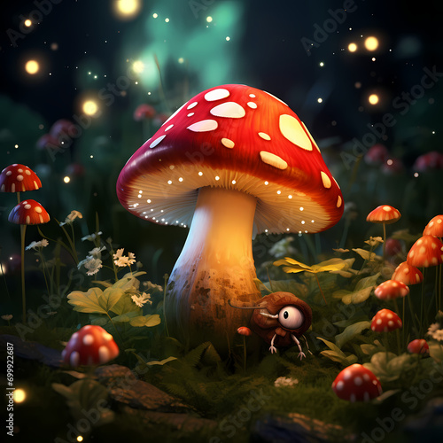 Ladybug exploring a garden adorned with oversized, glowing mushrooms.