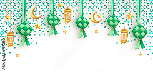 Ketupat, crescent and lantern as Islamic decoration background for ramadan mubarak, eid al fitr with copy space text area, 3D vector illustration photo
