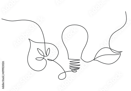 Continuous line drawing. Light bulb with leaf. Concept of sustainable power