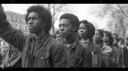 Black and white image of individuals demonstrating, suitable for Black History Month and themes of empowerment and civil rights. photo