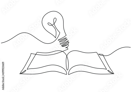 Book one line drawing. Continuous outline with light bulb
