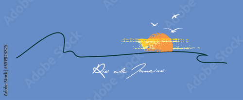 Vector stylized illustration of tropical landscape at sunset.