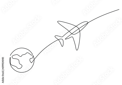 Airplane travel around the world. Continuous one line drawing