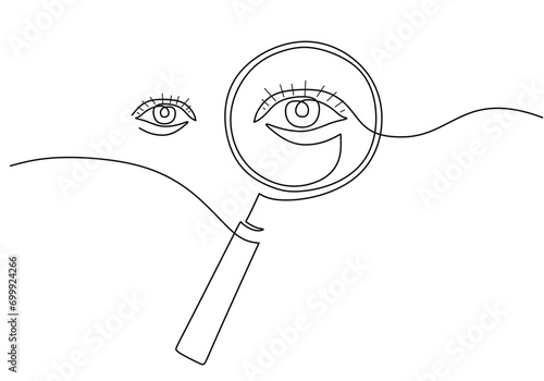 One line art drawing. Magnifying glass with eye