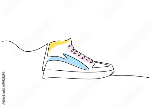 One continuous line drawing a pair of shoes. Sneaker trendy fashion concept