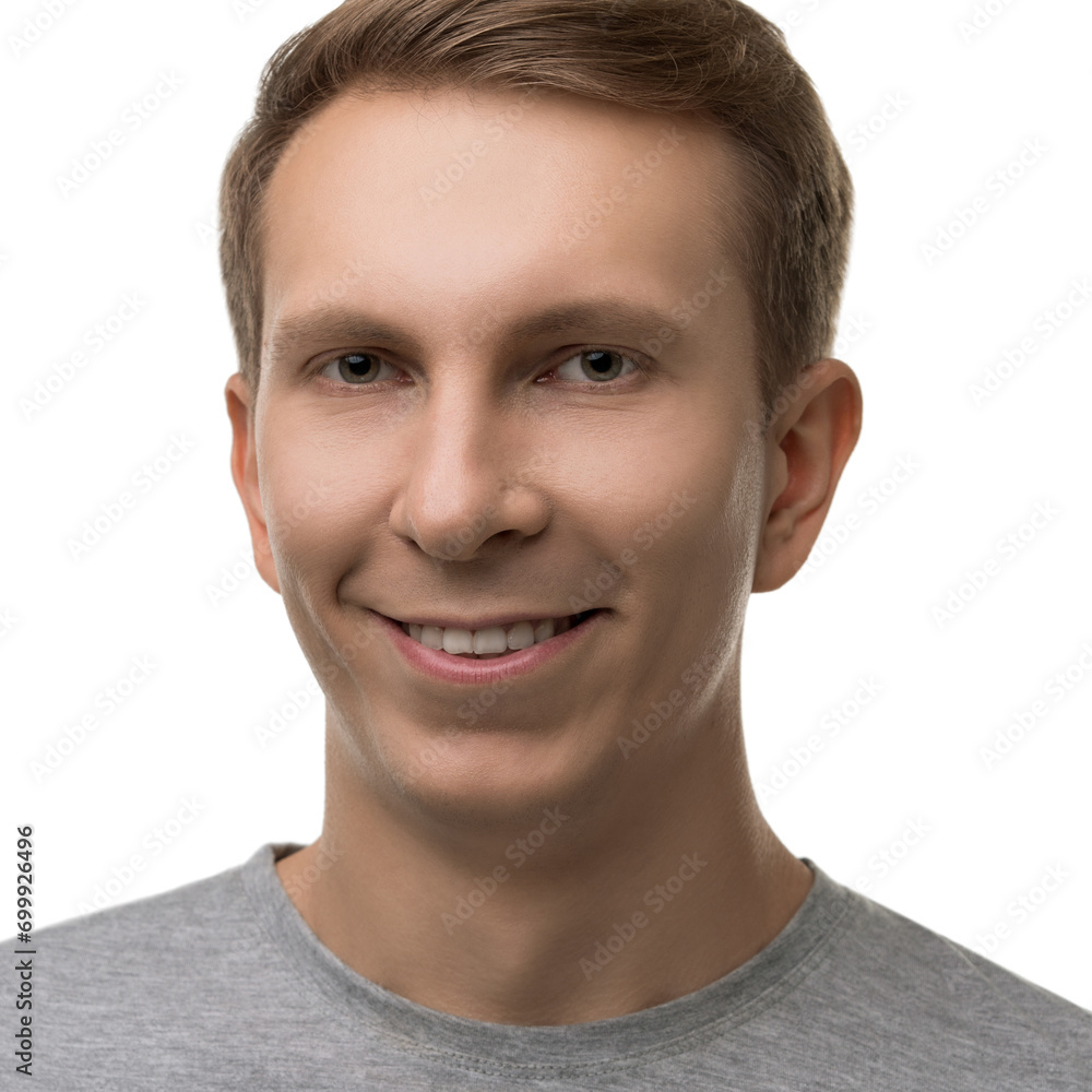 Obraz premium Happy male in simple gray t-shirt isolated portrait