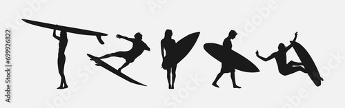 silhouette of several surfer isolated on white background. different action, pose. sport, surfing, hobby, summer theme. vector illustration. photo