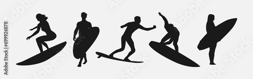 silhouette of several surfer isolated on white background. different action, pose. sport, surfing, hobby, summer theme. vector illustration.