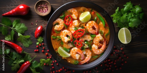Tom Yum Goong: A hot and sour shrimp soup, often made with lemongrass, lime leaves, galangal, and chili peppers. 
