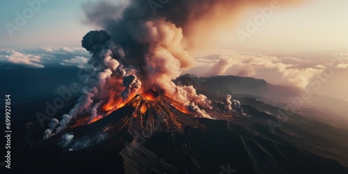 The moment the volcano erupted, magma and smoke overflowed, remote control aerial photography,