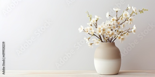 A round vase with flowers sitting on white wooden table copy space 