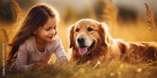 A happy but concerned 4-year-old girl playing with her dog golden retriever, detailed, 8K