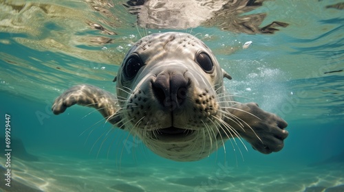 seal. fur seal. sea ​​seal cat under water. sea lion swimming in water. sea lion swimming © Drew