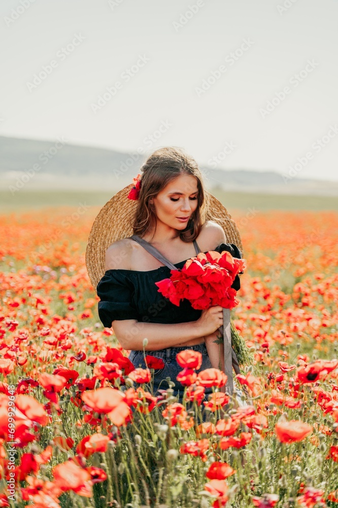 Woman poppies field. portrait happy woman with long hair in a poppy field and enjoying the beauty of nature in a warm summer day. Woman poppies field. portrait happy woman with long hair in a poppy field and enjoying the beauty of nature in a warm summer day.
