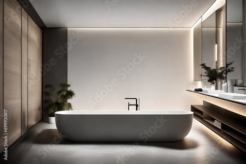 A minimalist bathroom with clean lines  a freestanding bathtub  and subtle ambient lighting  creating a spa-like retreat within the confines of simplicity.