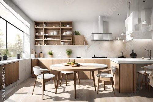 A compact kitchen bathed in natural light  featuring sleek countertops  open wooden shelving  and a small dining area with a round table and matching chairs  radiating simplicity.