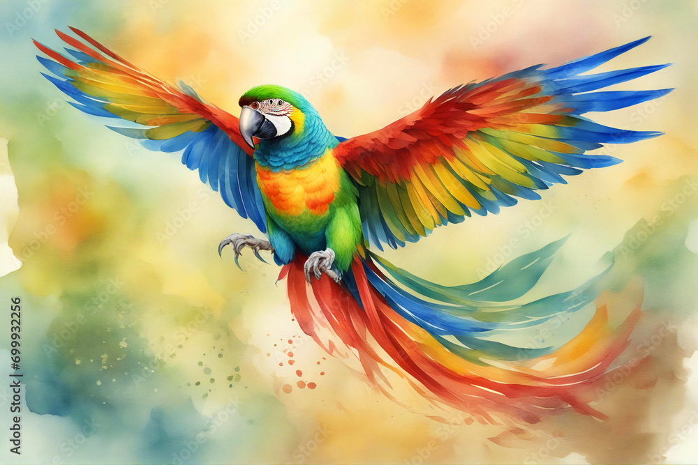 Obraz premium exotic watercolor painting artwork of flying parrot