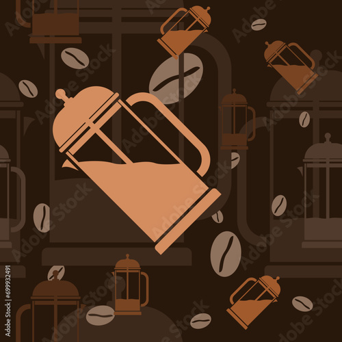 Editable French Press Manual Brewing Coffee Maker Vector Illustration in Flat Style with Coffee Beans as Seamless Pattern With Dark Background for Cafe Related Purposes