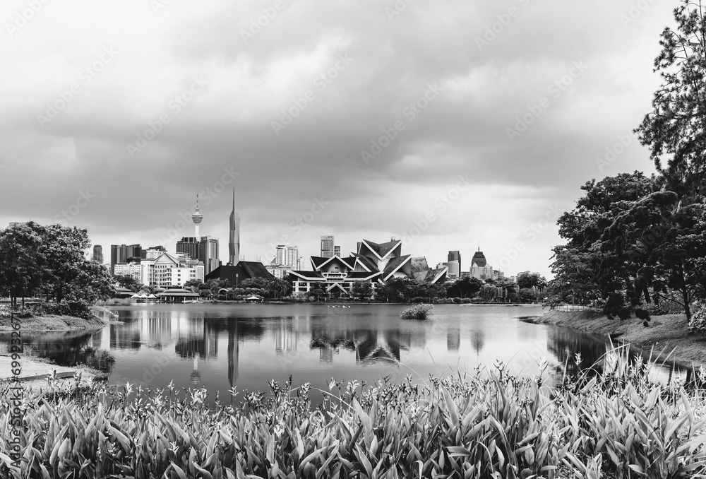 Fototapeta premium Park in Kuala Lumpur city, Malaysia. Black and white toned image 