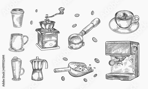 Coffee making icons set. Vector hand drawn sketch illustration. Cup with hot drinks, espresso, cappuccino, latte, isolated on white background. Cafe menu, vintage labels or packaging design elements