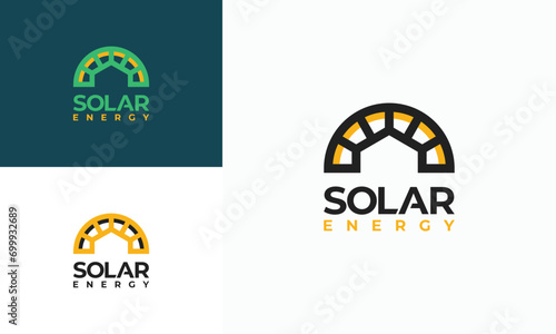 Solar Energy logo designs vector, Sun power logo, Solar energy with rooftop House logo