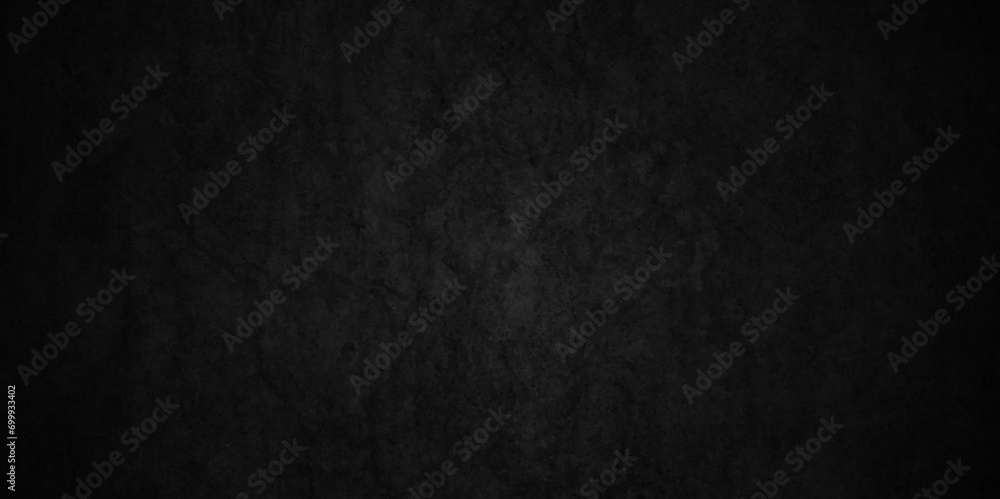 Obraz premium Dark black Blackboard and chalkboard rough grunge backdrop background. Panorama dark grey black slate background or texture. Vector black wall concrete texture. Stone wall background.