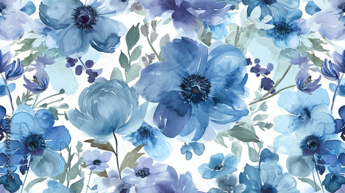 Watercolor blue flowers pattern, seamless floral background for fabric design, wallpaper or wrapping. AI Generative
