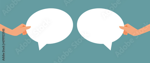 People Holding Speech Bubbles Vector Cartoon Illustration. Couple having a productive talk completing each other sentences 
 photo
