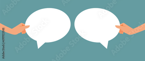 People Holding Speech Bubbles Vector Cartoon Illustration. Couple having a productive talk completing each other sentences 
