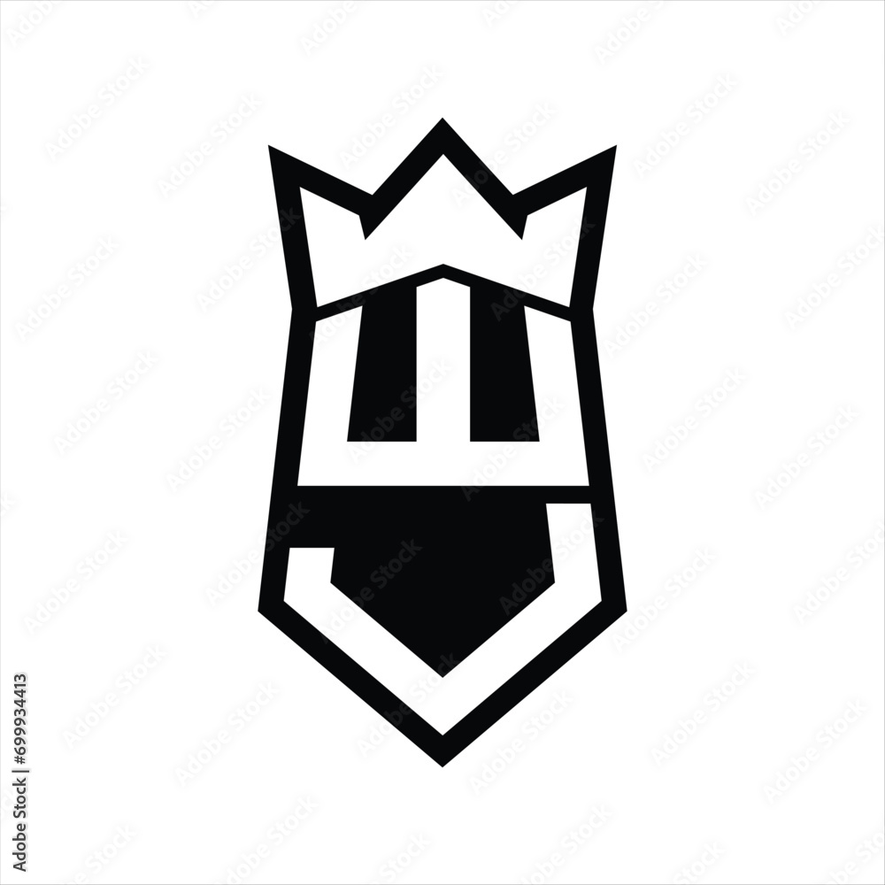 WJ Letter Logo monogram hexagon shield shape up and down with crown isolated style design WJ Letter Logo monogram hexagon shield shape up and down with crown isolated style design